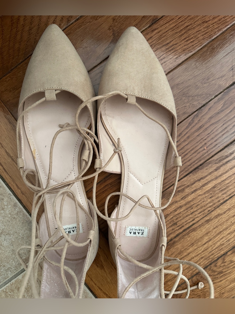 Zara Nude Tie-Up Pointed Flats